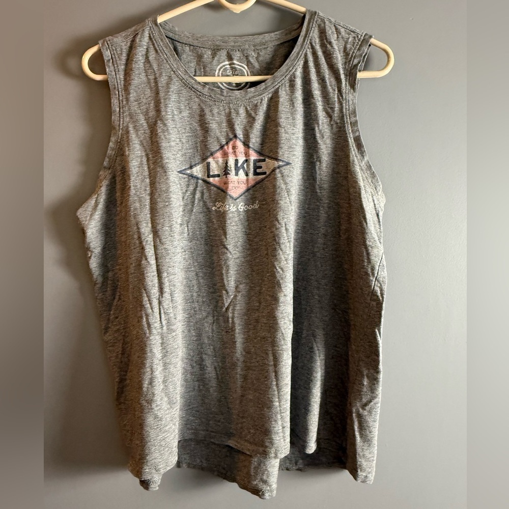 Life is Good Lot of 2 Classic Fit Sleeveless Tees Womens Sz L Summer Gray/Tan